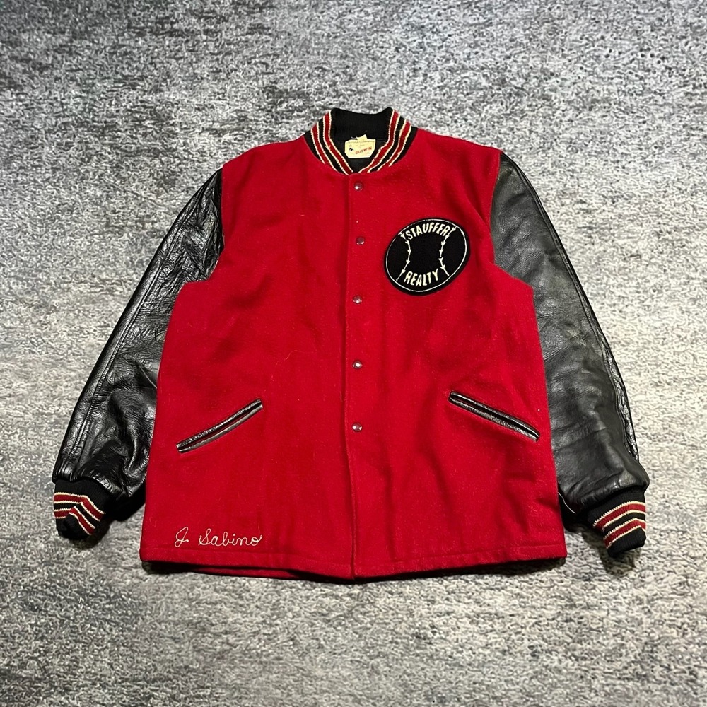 Vintage Stauffer Reality Butwin Varsity Jacket Sz 46 Large 1950s 1960s Black Red